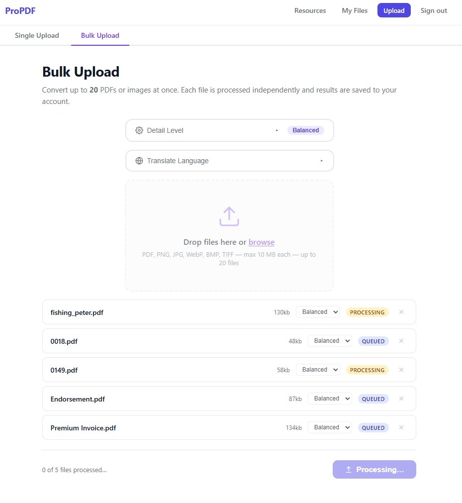 Bulk Upload Processing Screenshot